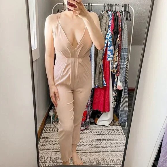 Lovers + Friends My Way Deep V Jumpsuit Nude S - Picture 1 of 8